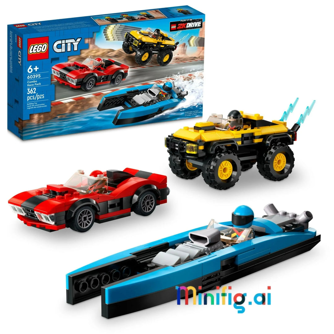 LEGO City 60395 Combo Race Pack: Build 3 customizable vehicles from 2K Drive game! Sports car, SUV & speedboat with 3 drivers. Ages 6+. #LEGO2KDrive #CityRacing