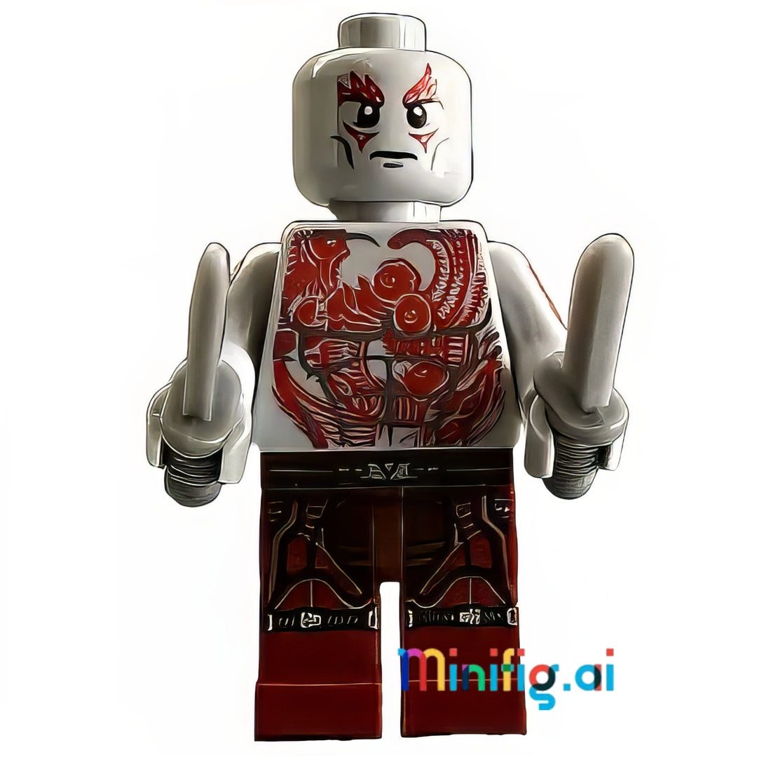 LEGO Marvel Super Heroes Drax Minifigure with dual daggers from set 76021, bricklink sh0125, Front View, B09JX315LF