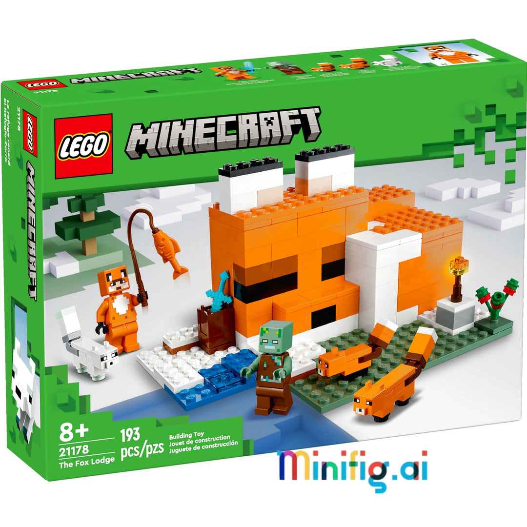 Build LEGO Minecraft 21178 Fox Lodge! 193-piece set with fox-shaped house, 5 characters, and interactive play. Perfect gift for young Minecraft fans 8+.