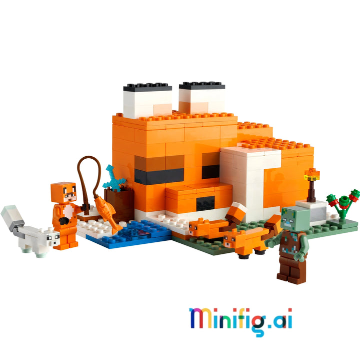 Explore LEGO Minecraft 21178: Fox Lodge adventure! Fox-shaped house, hero, zombie, and foxes included. 193 pieces of block-building fun for ages 8+.