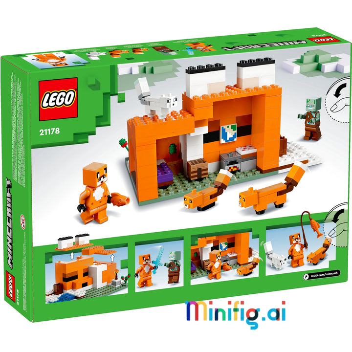 Create your Minecraft world with LEGO 21178! Fox Lodge set includes house, hero, zombie, and foxes. Ideal gift for block-building enthusiasts 8 and up.