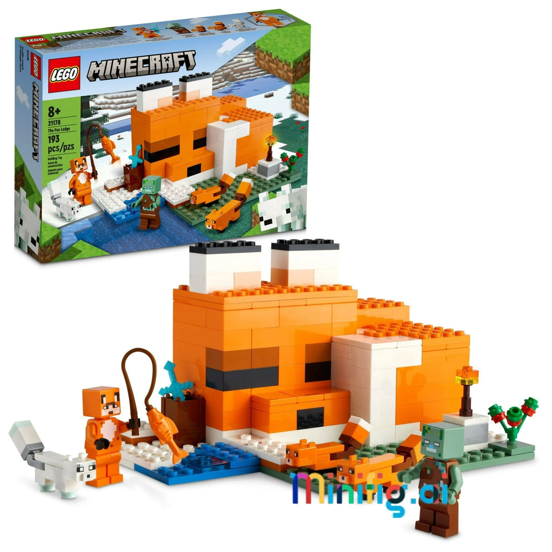 LEGO 21178 Minecraft Fox Lodge awaits! 193-piece set with fox-shaped house and 5 characters. Exciting building adventure for young gamers ages 8+.