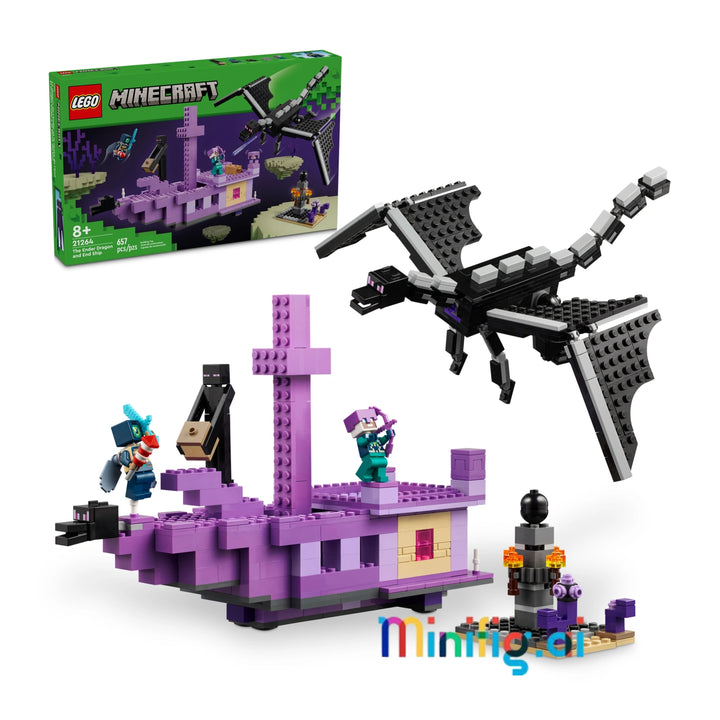 Explore LEGO Minecraft 21264: Ender Dragon & End Ship! 657-piece set with jointed dragon, detailed ship, and 5 characters. Epic adventure for ages 8+.