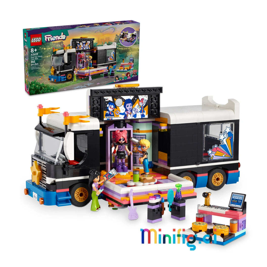 LEGO 42619 Pop Star Bus: Rock the stage! 845 pieces, 4 mini-dolls, transforming star. Musical adventures for 8+. #LEGOFriends #MusicTourToy