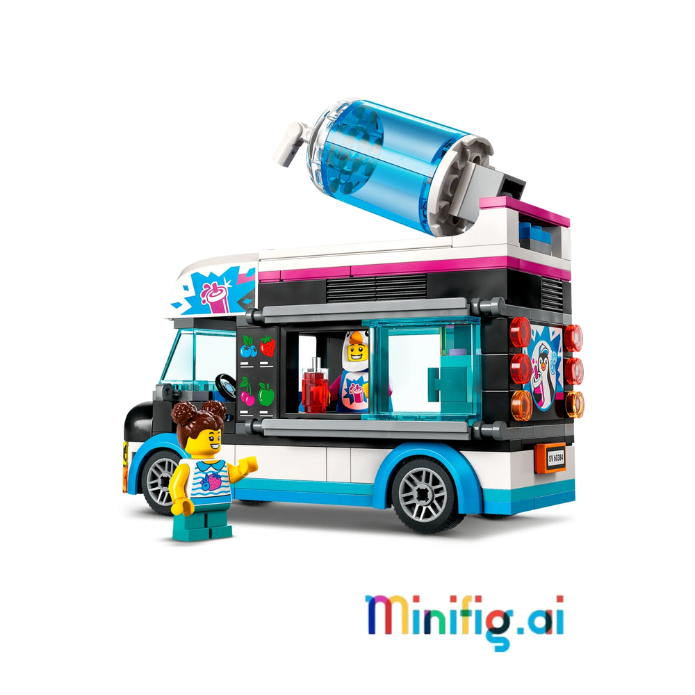 Serve icy treats with LEGO 60384! Penguin-themed van, costumed vendor & customer. Sliding window & removable roof. Ages 5+. #LEGOVehicles #SummerToys