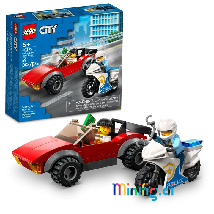 LEGO City 60392 Police Chase: Build pursuit bike & getaway car! Includes officer & crook minifigures. 59 pieces of action-packed fun for ages 5+. #LEGOPolice #CitySet