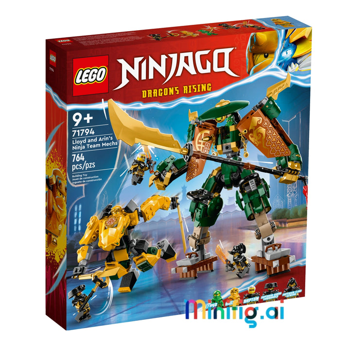 LEGO 71794 NINJAGO Mechs: Build Lloyd & Arin's robots! 764 pieces, 5 minifigures. Combine into mega mech. Ninja action for 9+. #LEGONinjago #MechBattle