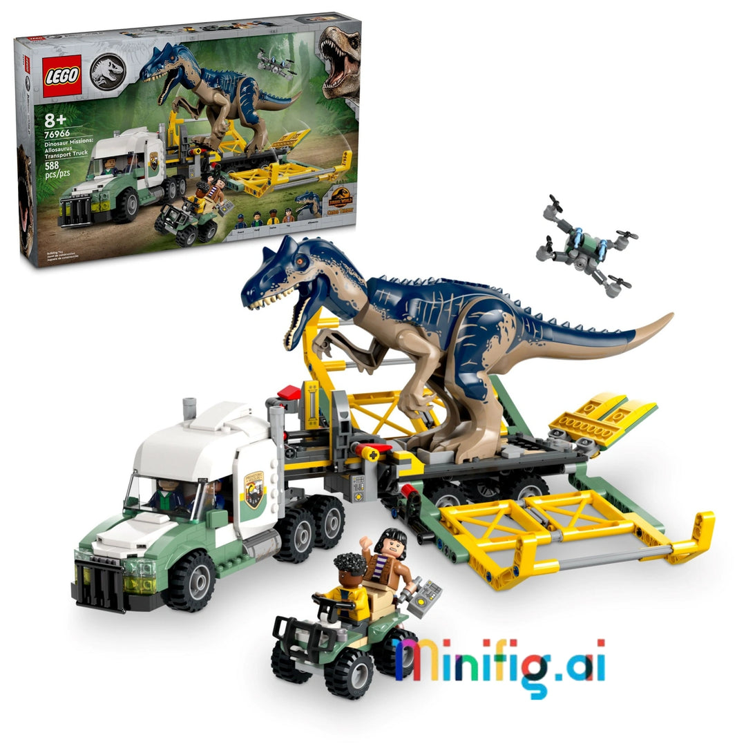 LEGO 76966 Jurassic World: Allosaurus escape! 588 pieces, truck with breakout cage, 4 minifigs. Dino transport adventure for 8+. #LEGODinosaur #JurassicToy