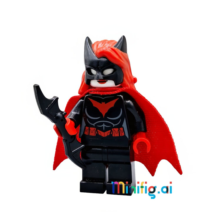 DC Super Heroes Batwoman minifigure with red cape and batarang from sets 76111 & 76122, sh0522, Front View, B07JJ8Q6J3