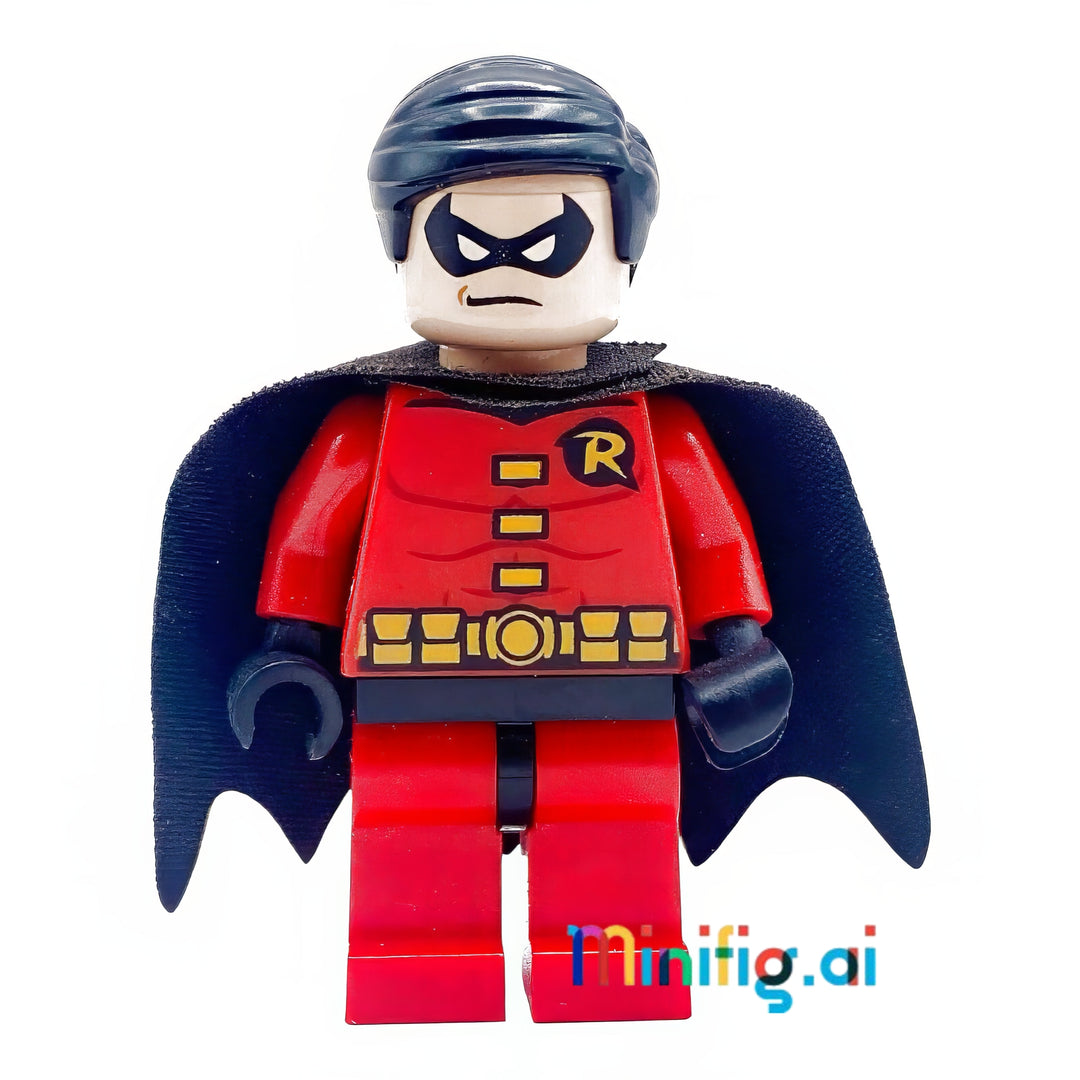DC Super Heroes Robin Minifigure with black cape from sets 6857, 6860, 30166, bricklink sh0011, Front View, B006JH5IZK