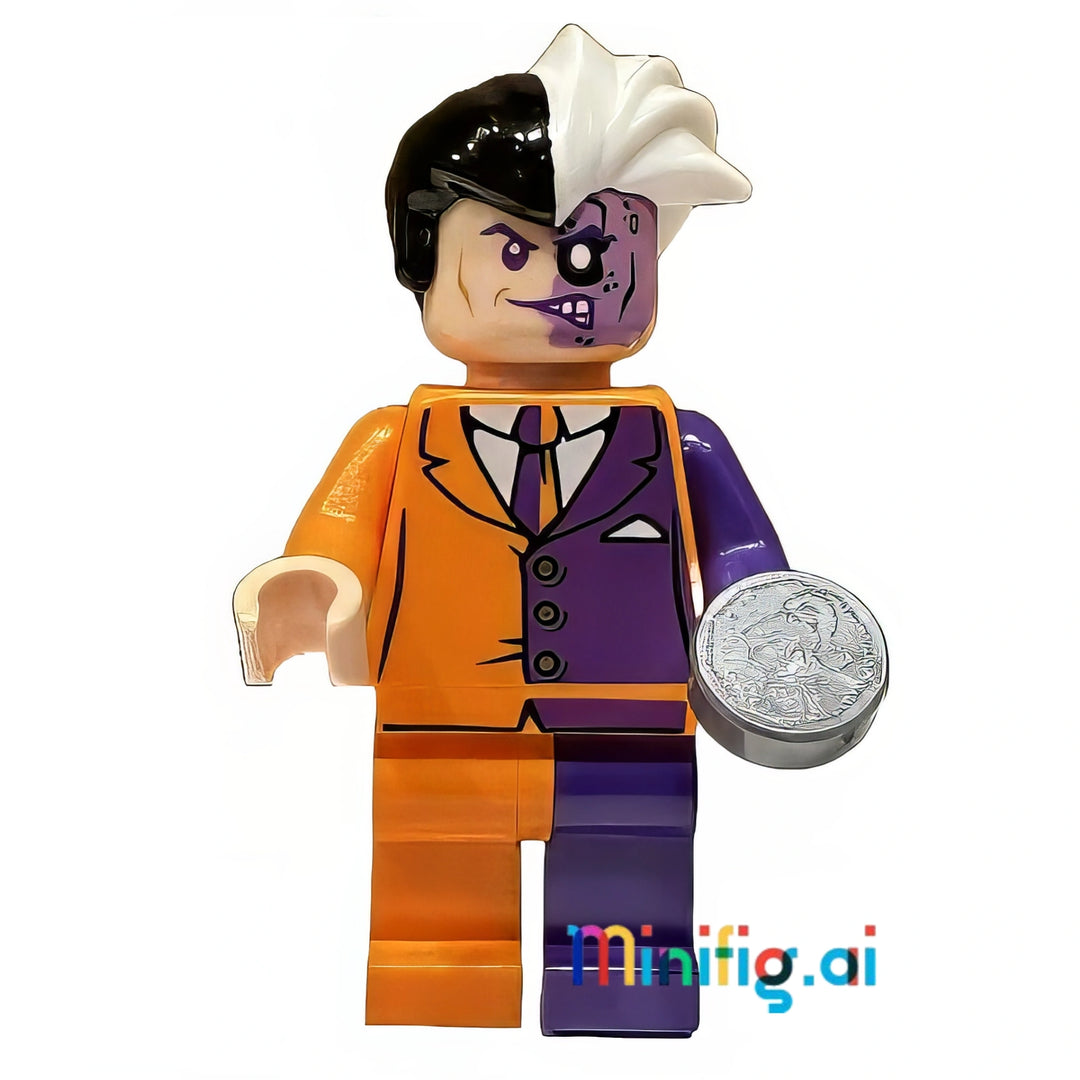 LEGO DC Super Heroes Two Face Minifigure with silver coin from set 6864, bricklink sh0007, Front View, B007T04BBI