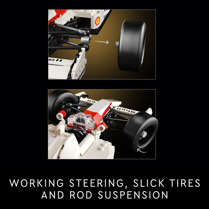 LEGO Icons McLaren MP4/4: 12.5" long model. Authentic details, working features. Ayrton Senna minifigure included. For F1 fans 18+. Display options.