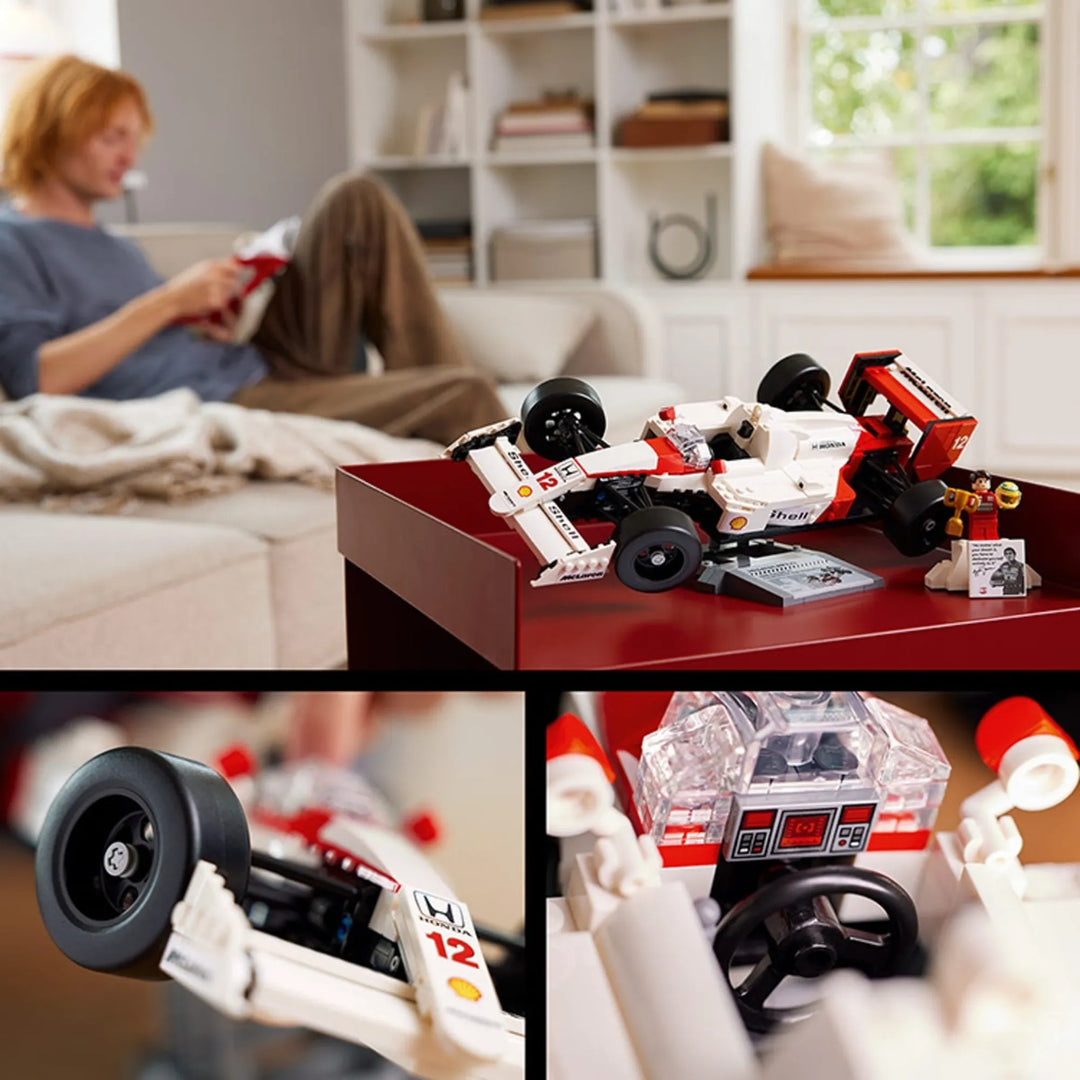 LEGO McLaren F1 Icon: MP4/4 set 10330. Senna figure, car stats display. Adjustable rear wing, slick tires. 18+ build. Perfect gift for racing fans.