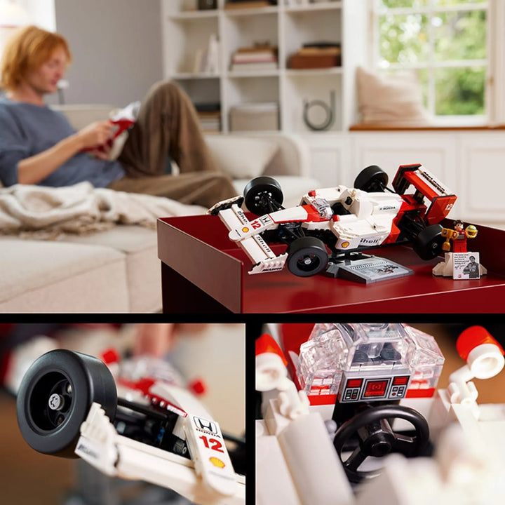LEGO McLaren F1 Icon: MP4/4 set 10330. Senna figure, car stats display. Adjustable rear wing, slick tires. 18+ build. Perfect gift for racing fans.