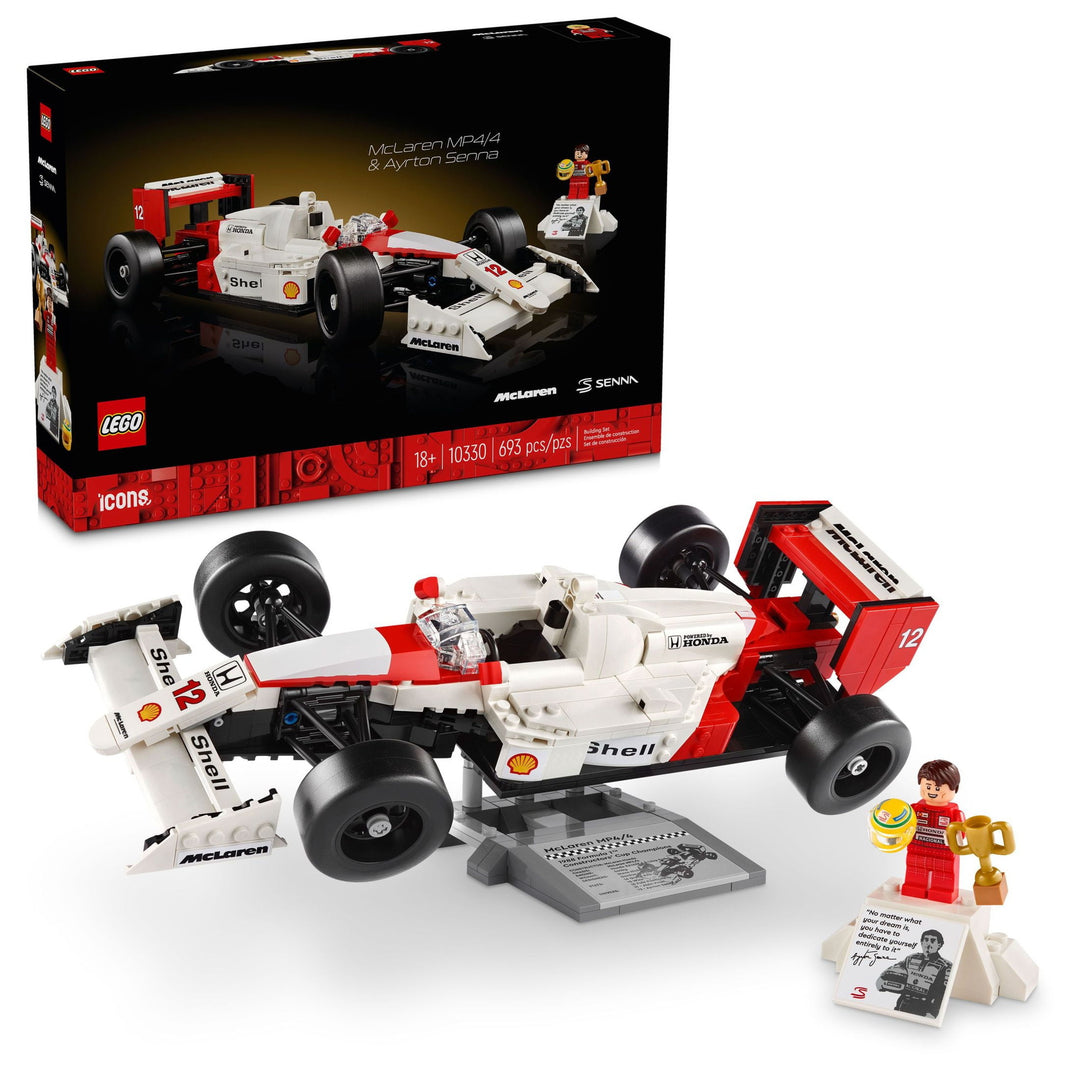 LEGO McLaren F1 Icon: MP4/4 set 10330. Senna figure, car stats display. Adjustable rear wing, slick tires. 18+ build. Perfect gift for racing fans.