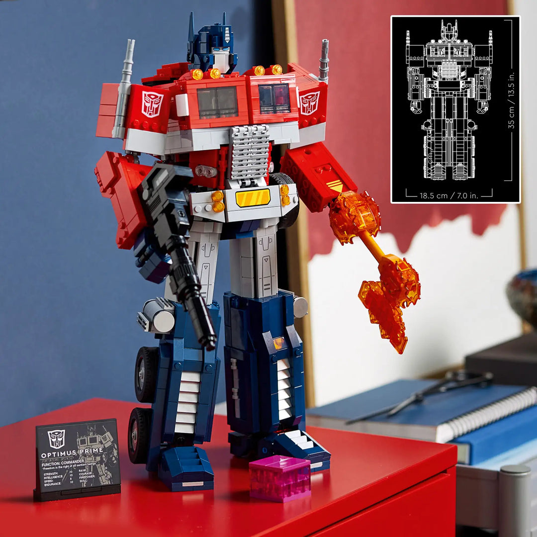 LEGO 10302: Optimus Prime in brick form. Robot-to-truck transformation. Includes ion blaster, Energon axe. 19 points of articulation. Adult build.