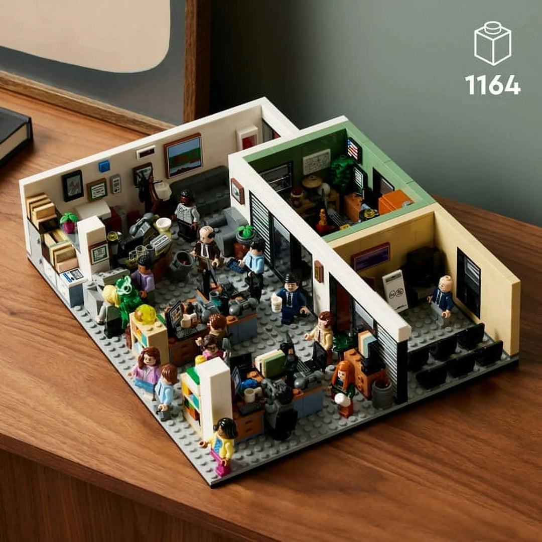 The Office LEGO Replica: Set 21336. 15 minifigures, dual expressions. Show references throughout. Adult 18+ set. Perfect nostalgic display.