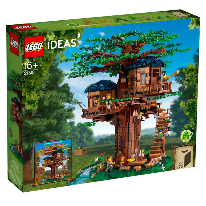 LEGO Treehouse (21318): 3,036 pieces. 3 detailed cabins, interchangeable leaves. 4 minifigures. Nature-inspired build. For 16+. Sustainable elements used.