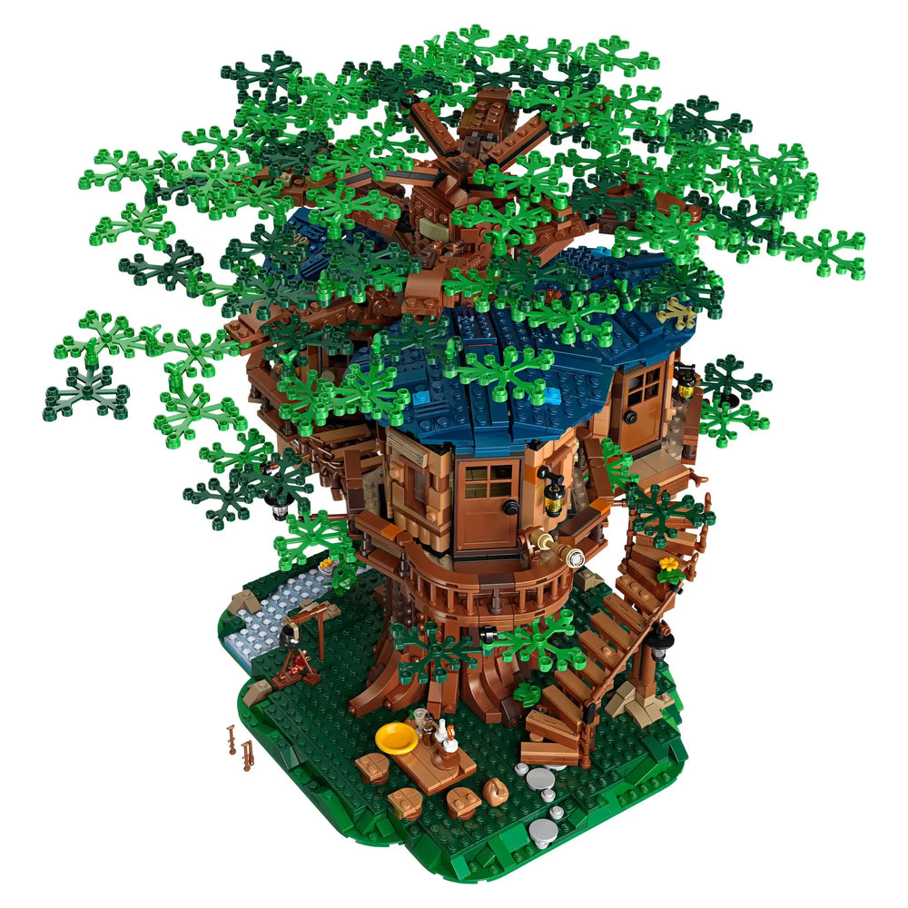 Ideas Treehouse (21318): Fan-designed set. 3 furnished cabins, seasonal leaves. Picnic area, swing. 4 figures. Adult LEGO challenge. 21" tall.
