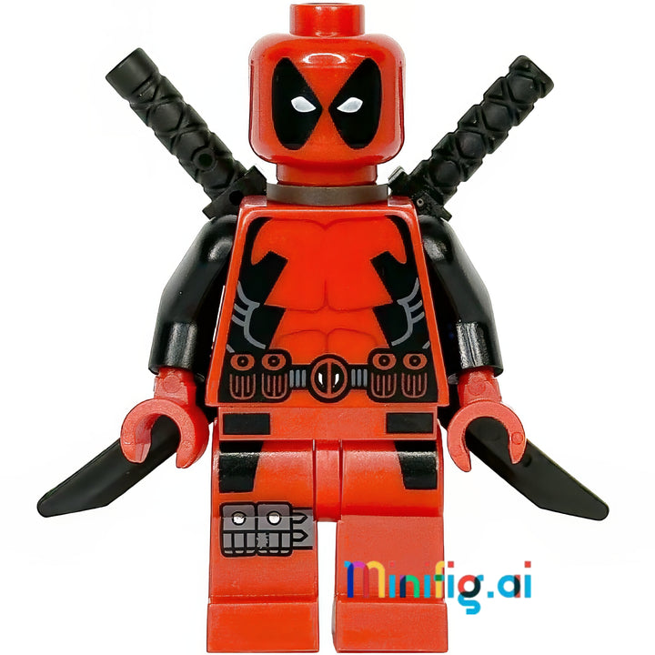 Authentic LEGO Deadpool minifigure equipped with four weapons, featuring detailed red costume design and signature mask. Ready for mercenary missions.