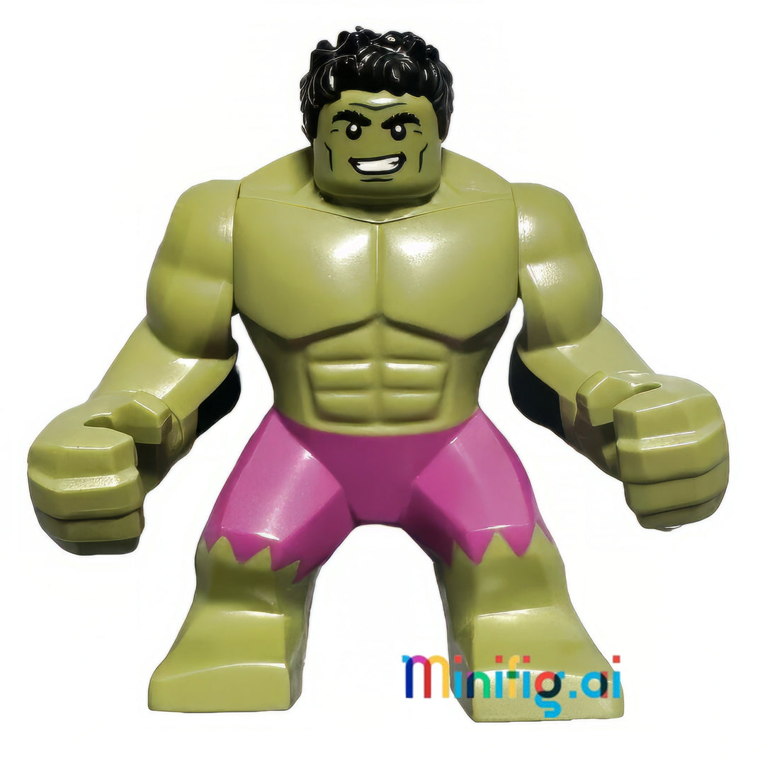 LEGO Marvel Super Heroes Hulk Minifigure with Black Hair in Magenta Pants From Set 76152, bricklink sh0643, Front View, B06X1BNYWJ