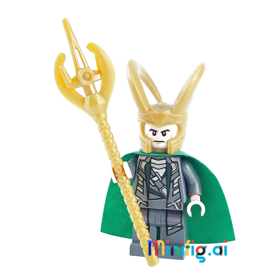 LEGO Marvel Super Heroes Loki Minifigure with Pearl Gold Chitauri Scepter from sets 6867, 6868, 6869, bricklink sh0033, Front View, B007RVVTQE