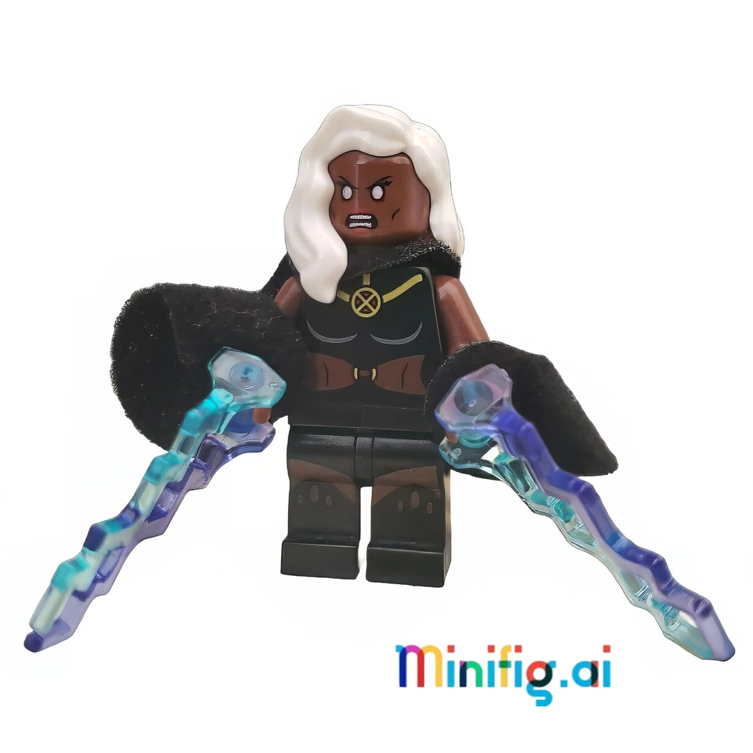 LEGO Marvel Super Heroes Storm Minifigure With Black Cape & Two Lighting Bolts From Set 76022, bricklink sh0116, Front View, B00KTQFIX4