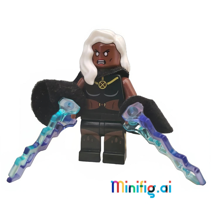 LEGO Marvel Super Heroes Storm Minifigure With Black Cape & Two Lighting Bolts From Set 76022, bricklink sh0116, Front View, B00KTQFIX4
