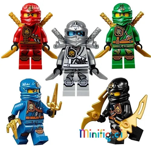 LEGO Ninjago Ninja Combo Pack - Lloyd, Cole, Jay, Kai, Zane Zukin Robes Minifigures with Weapons, Front View, njo128, njo124, njo129, njo111, dim011, B015I0W2W0