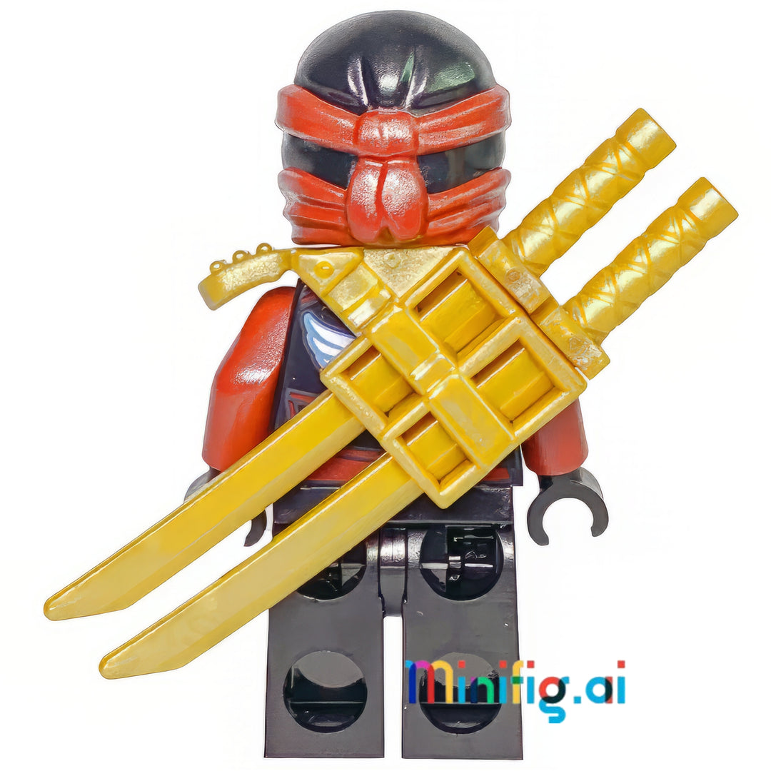 Authentic LEGO Ninjago minifigure in red and black attire, featuring ornate dragon print, ninja mask, and golden weapon set. Ready for action scenes