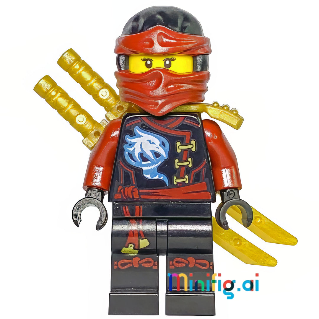 Red-clad LEGO Ninjago warrior featuring mystical blue dragon design, triple golden sword arsenal, and classic ninja hood. Essential for collectors