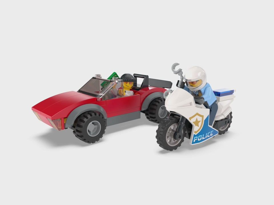 Stop the getaway with LEGO 60392! Police bike pursues speedy car. Simple build, big excitement for young LEGO fans 5 & up. #LEGOAction #CityPolice