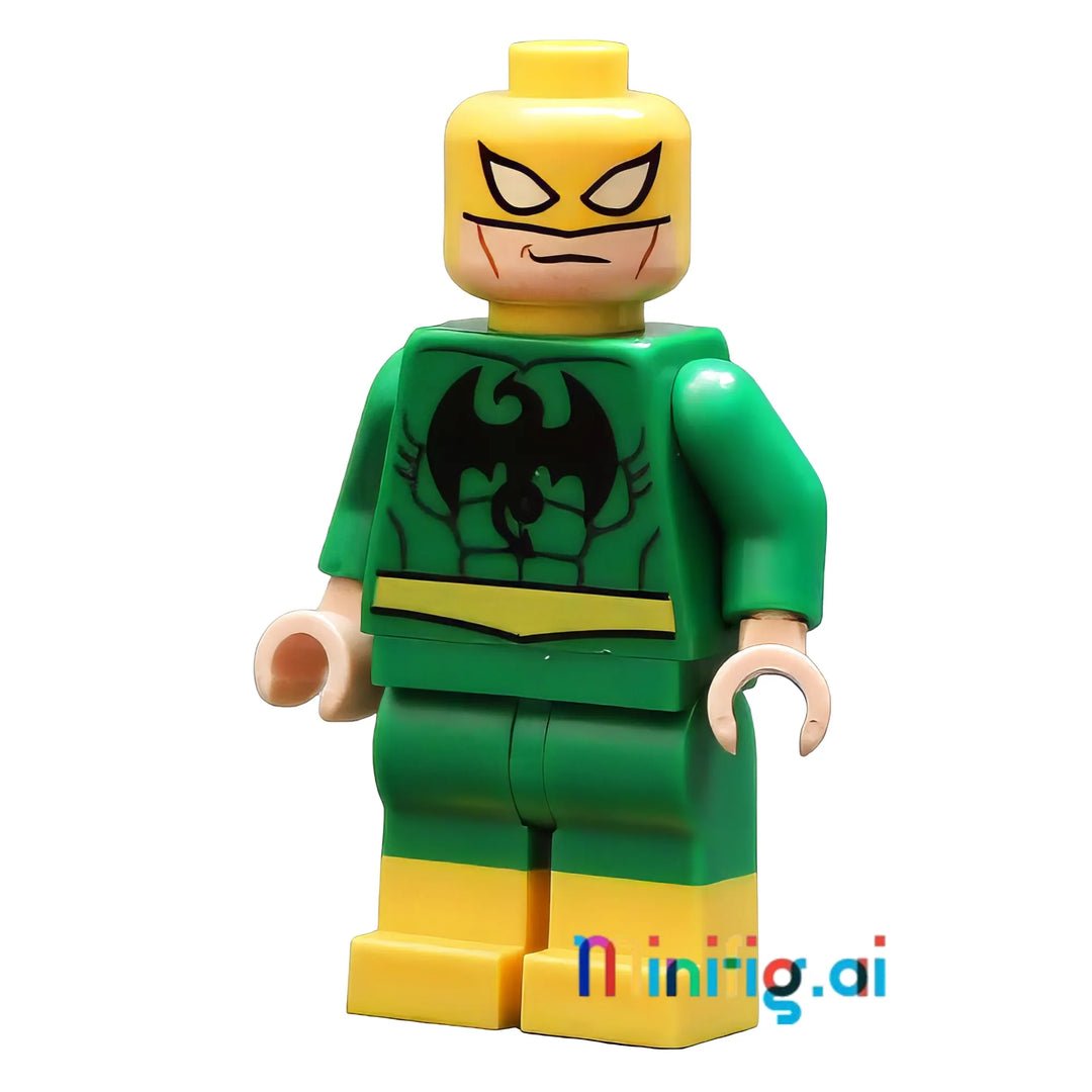 LEGO Iron Fist minifigure sh0041 features classic green costume with black dragon emblem. Iconic yellow mask and dual-colored legs. Must-have for Marvel collectors and displays.