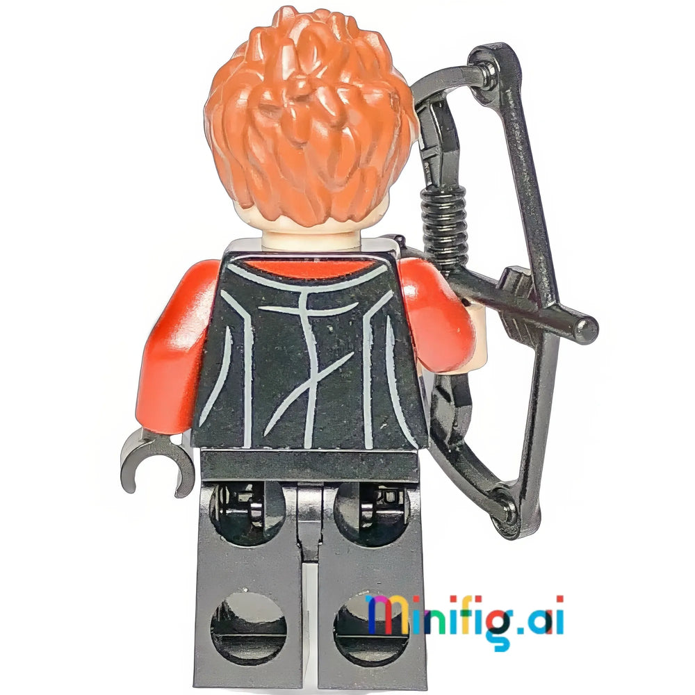 LEGO Marvel Hawkeye minifigure brings archery expertise! Detailed black and red suit, ginger hair, and tactical bow. Perfect for superhero adventures.