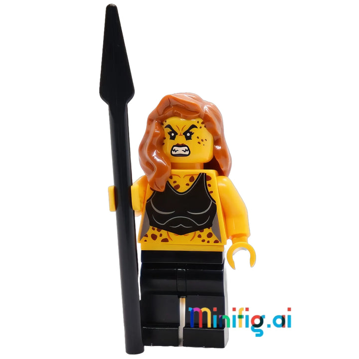 Build your DC villains roster with LEGO Cheetah minifigure! Features spotted design, black outfit, and spear weapon. Perfect for superhero battles and displays.