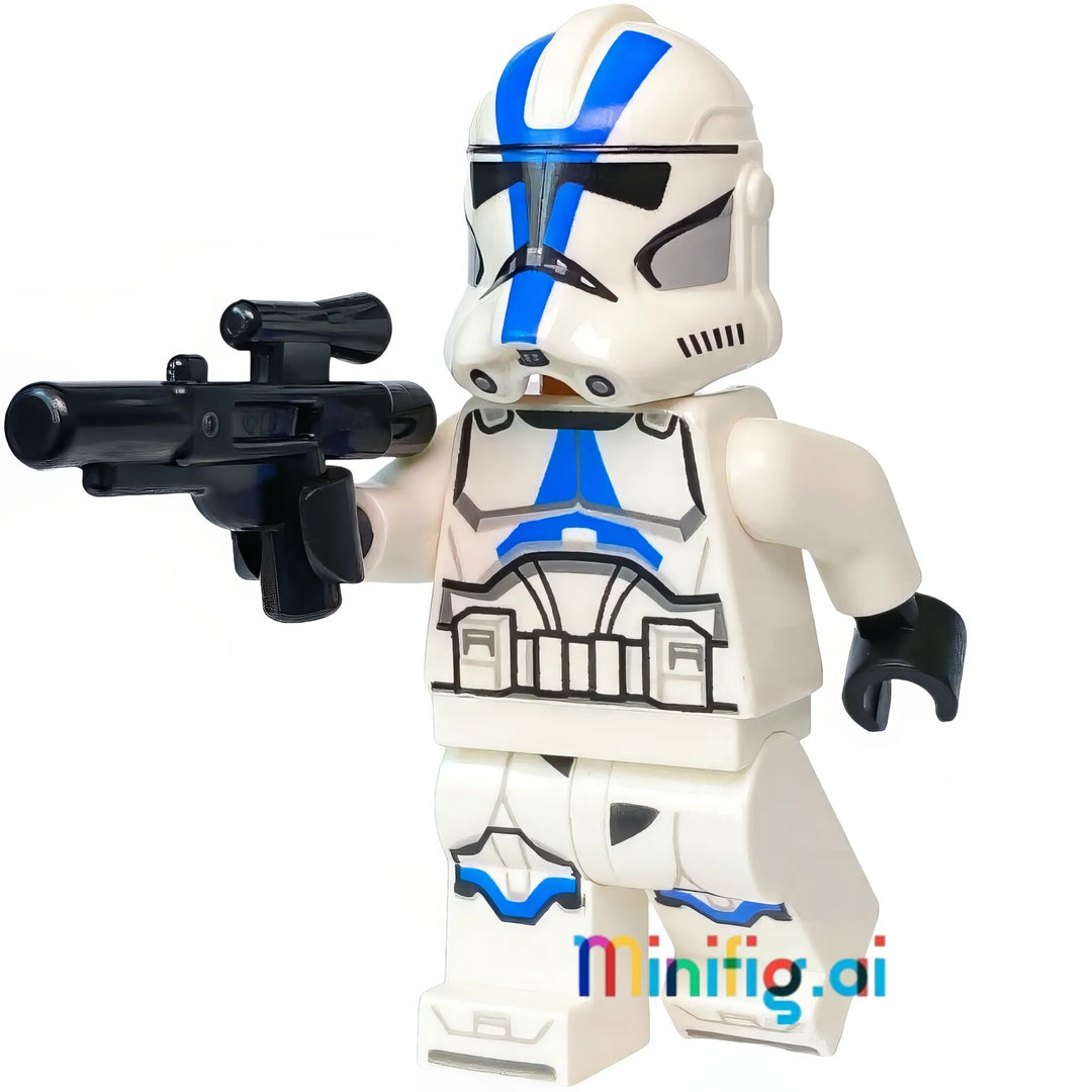 Elite Clone Trooper minifigure featuring specialized blue-striped combat armor, precision-molded helmet design, and advanced weapons loadout with scoped rifle.