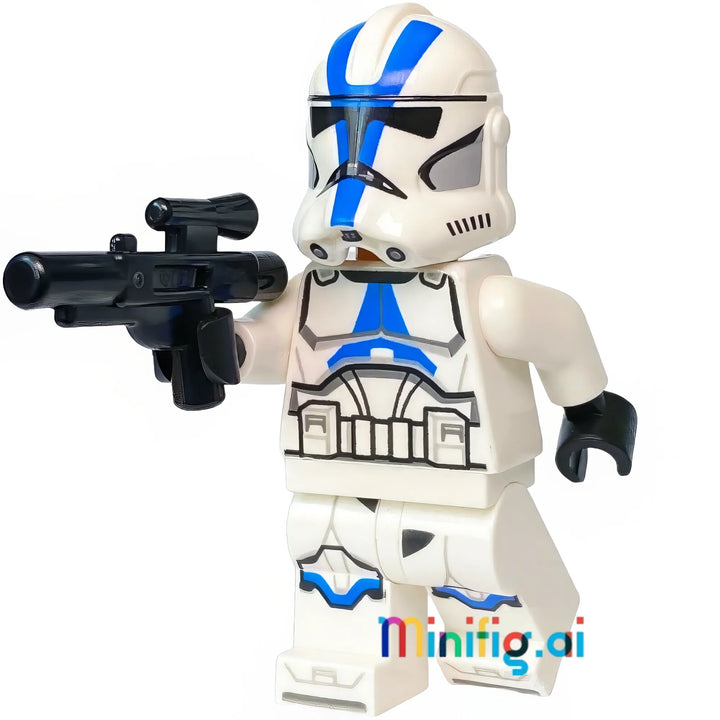 Elite Clone Trooper minifigure featuring specialized blue-striped combat armor, precision-molded helmet design, and advanced weapons loadout with scoped rifle.