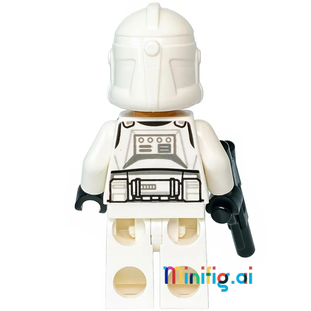 Republic Clone Trooper with distinctive blue battalion markings, detailed armor plating, and military-grade blaster rifle configuration.