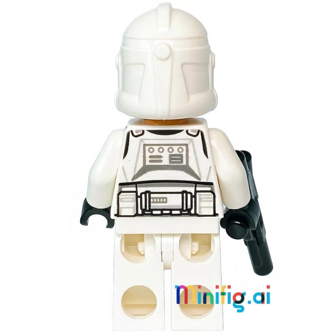 Republic Clone Trooper with distinctive blue battalion markings, detailed armor plating, and military-grade blaster rifle configuration.
