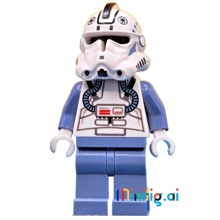 Elite Clone Pilot minifigure with Republic-emblazoned helmet, advanced life support chest controls, and specialized blue flight suit for starfighter operations.