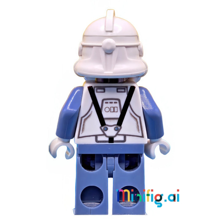 Republic starfighter pilot featuring detailed breathing apparatus, military-grade flight suit in blue and white, and authentic cockpit control panel printing.