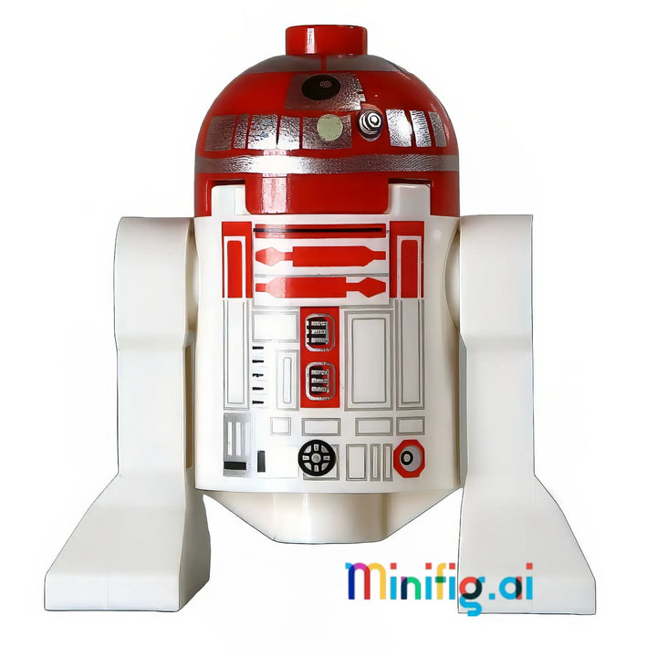Custom-colored R2 unit with striking red dome head, precision-detailed white body panels, and intricate mechanical interface printing for authentic droid appearance.
