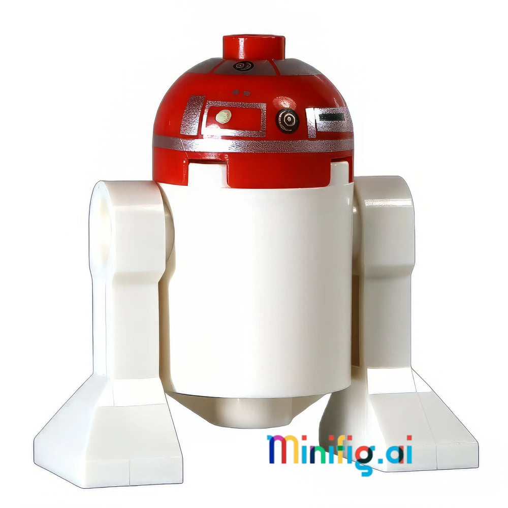 Specialized astromech droid minifigure showcasing red and white color scheme, detailed sensor arrays, and movie-accurate mechanical detailing throughout.