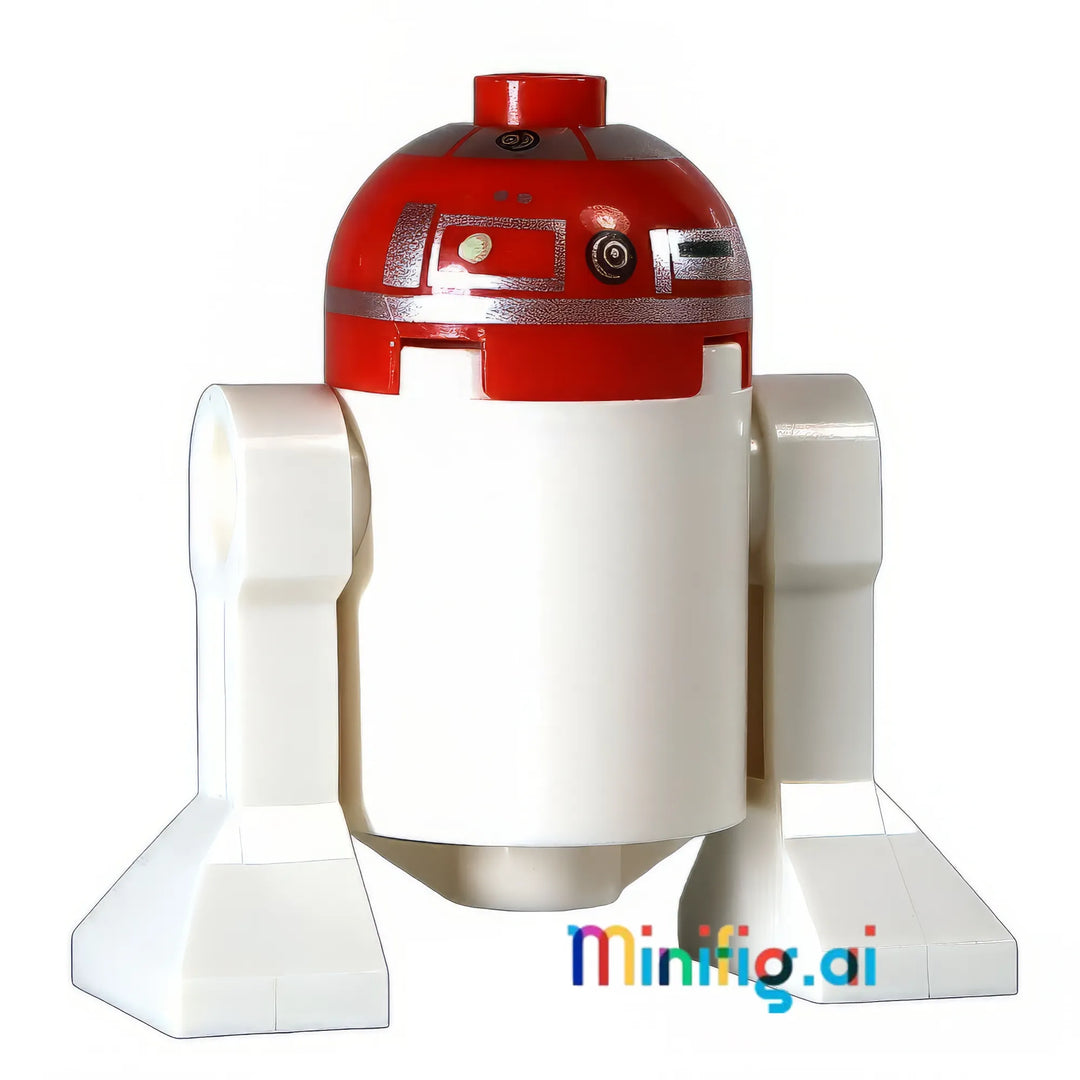 Specialized astromech droid minifigure showcasing red and white color scheme, detailed sensor arrays, and movie-accurate mechanical detailing throughout.
