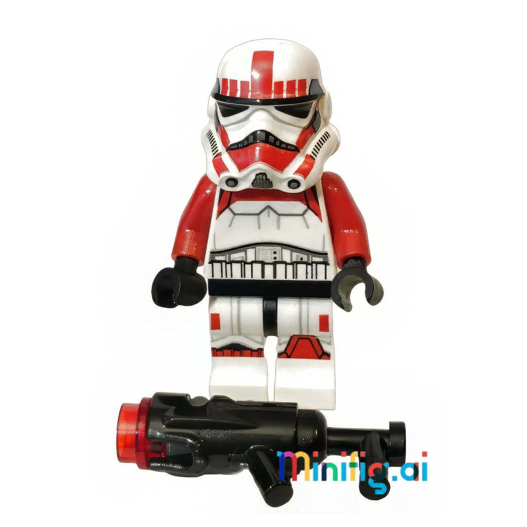Elite Shock Trooper minifigure showcasing distinctive red-striped helmet, armored shoulders, and combat-ready torso detailing, complete with specialized heavy blaster.