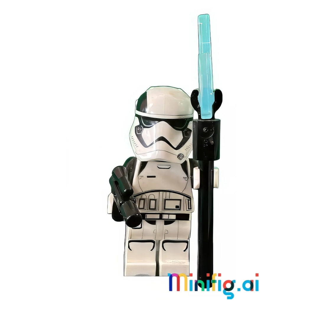 White-armored First Order trooper minifigure with detailed helmet design, tactical torso printing, and dual weapon loadout for maximum battlefield versatility.