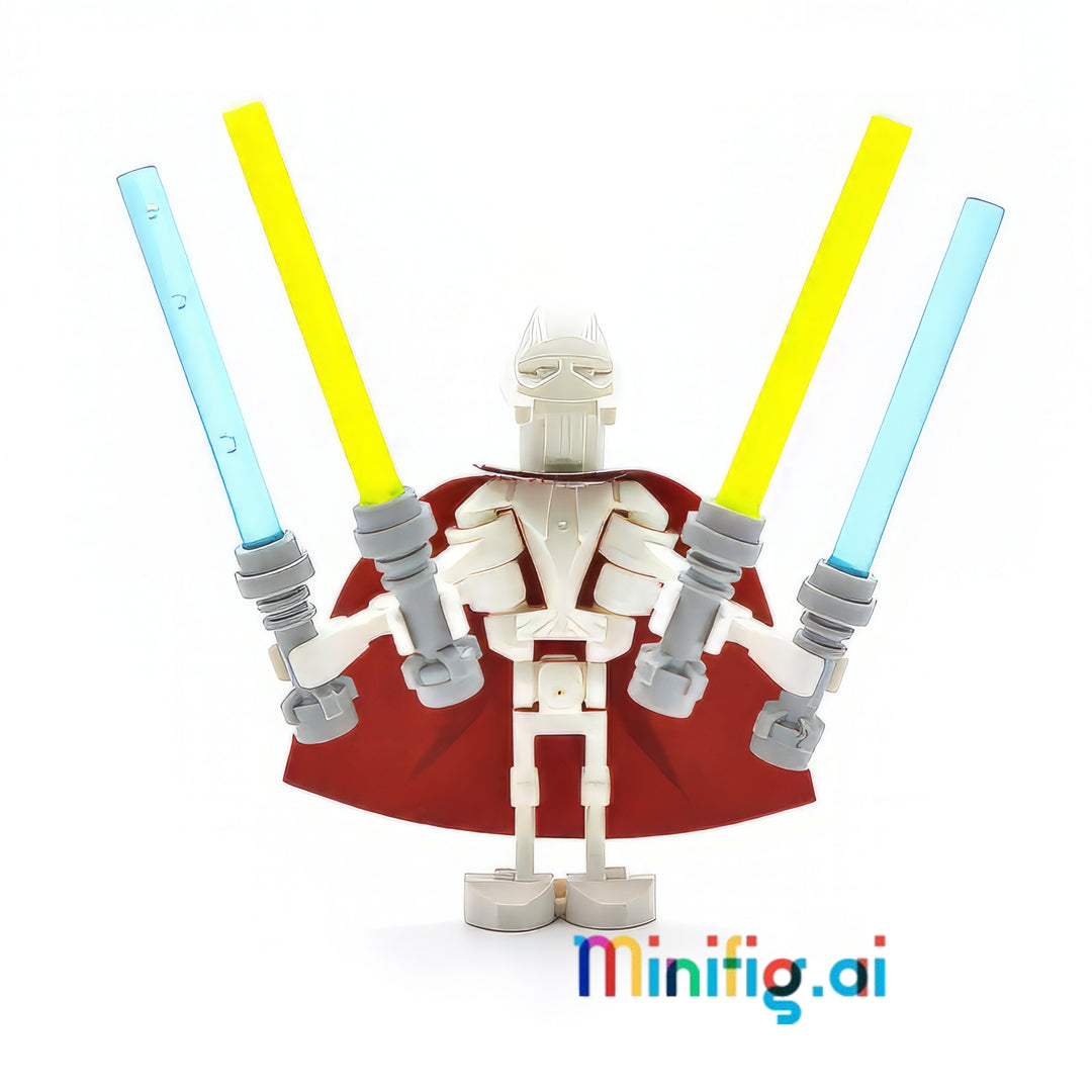 Fearsome General Grievous LEGO minifigure featuring distinctive white skeletal design, dark red cape, and four lightsabers - two blue and two yellow - showcasing his legendary multi-armed combat style.
