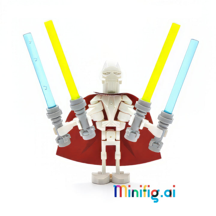 Fearsome General Grievous LEGO minifigure featuring distinctive white skeletal design, dark red cape, and four lightsabers - two blue and two yellow - showcasing his legendary multi-armed combat style.