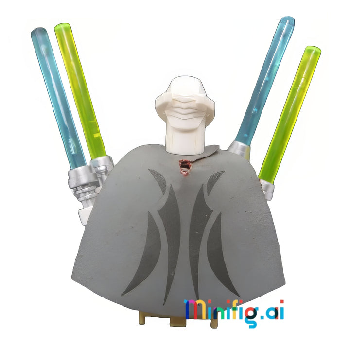 Iconic Star Wars cyborg commander minifigure with detailed white armor plating, dramatic burgundy cape, and quad-wielding lightsaber configuration in dual colors for maximum battle presence.