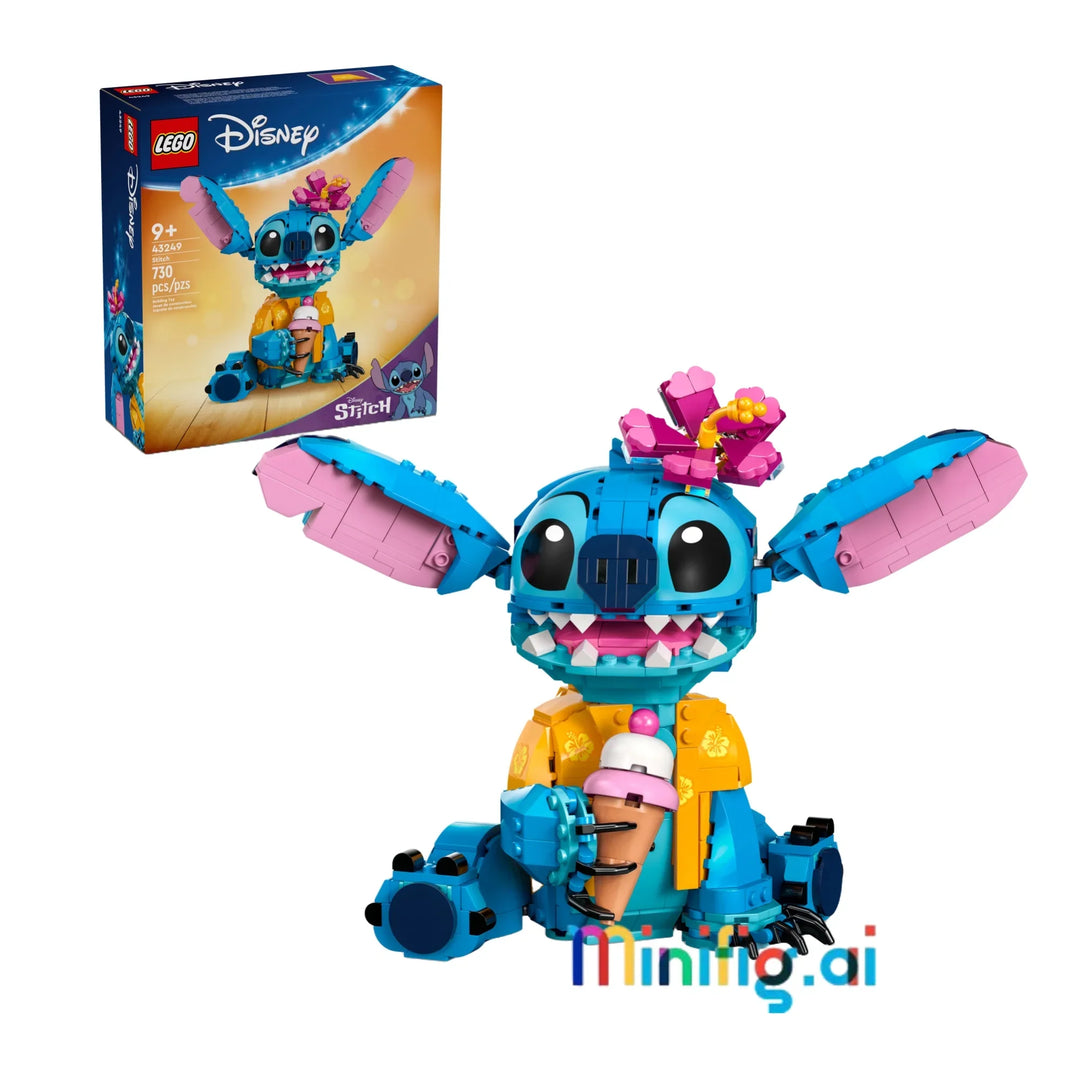 LEGO Disney Stitch 43249 is a playful blue minifigure with a Hawaiian shirt, flower, and ice cream. Fun, colorful, and perfect for kids’ collections!